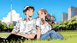 新緑の芝生が広がる都会の公園でくつろぐ若い男女 | 4981928-16928