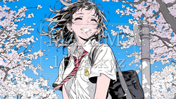 満開の桜の木の下を歩く制服姿の女子高生｜5024539-17577