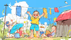 小学生の夏の思い出：友達とピクニック（クレヨン＋水彩画風）