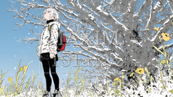 冬枯れの郊外の道を歩く若い女性