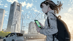 スマホの地図アプルを頼りに目的地に向かって歩いている女性：歩きスマホ | 5011112-12287