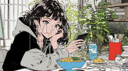 食事の最中もスマホを手放せない若い女性 | 5015679-12537