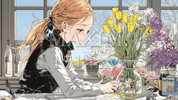 おもてなし（優しい心遣い）：来客のために花瓶に花を生ける若い女性 | 5024257-15331