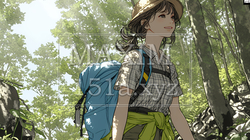 初夏の森でトレッキングを楽しむ若い女性｜新緑とアウトドアの爽やかなライフスタイル | 5024539-17577