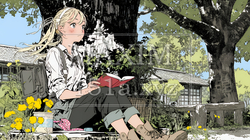読書の秋：紅葉の木の下で本を読んでいる若い女性｜523517-10385