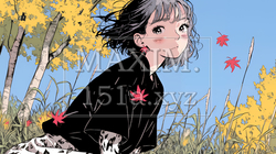 秋の野原で紅葉を見ている若い女性