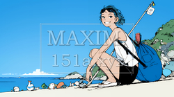 一人旅の若い女性と夏のビーチの風景（シンプルな色使い）
