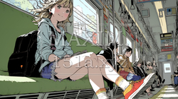 電車の席に腰掛けている若い女性