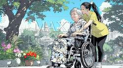車椅子の歳をとった女性が若い女性に付き添われて公園を散歩している | 5041333-7508