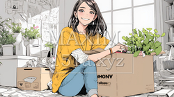 引っ越しの荷造り・荷解きをしている若い女性 | 5054027-14929