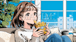 ポテトチップスをつまみながら、ひとりでビデオを観る若い女性 | 5057115-15875