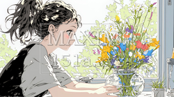 おもてなし（優しい心遣い）：来客のために花瓶に花を生ける若い女性
