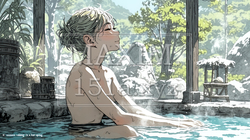 露天風呂に浸かっている若い女性
