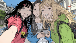 スマホで自撮りしている若い女友達