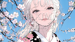 梅花と和服姿の若い女性