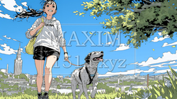 愛犬と散歩している若い女性｜5062765-10889