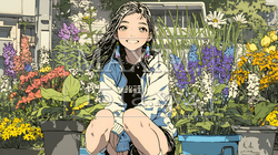 満開の春の花々と若い女性