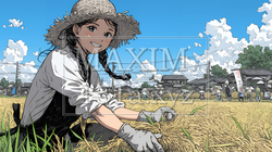 田んぼで農作業をしている女性 | 5123342-10543