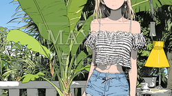 セクシーな服装の若い女性と南国の植物とホテルのベランダ