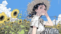 真夏の青空のもと、ヒマワリ畑を散策している若い女性｜5283169-9073