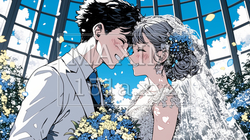 結婚式で見つめ合う新郎新婦：キス｜5139662-7971