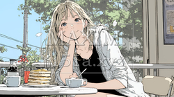 早朝のダイナー（喫茶店）でパンケーキ（モーニングセット）を食べる若い女性｜4840527-15631