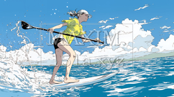 海でSUP（サップ）を楽しむ若い女性（ライフジャケットとリーシュコードの装着は必須だよ）｜爽やかなマリンスポーツ・夏のレジャーイラスト | 5147836-20474