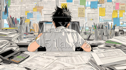 確定申告書類作成に没頭している個人事業主 | 5151373-7591