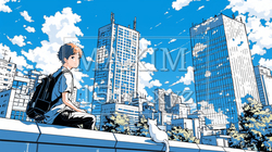 都市の町並みと夏の青空