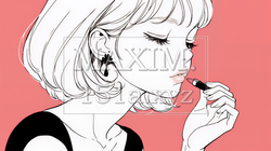 化粧をしている（口紅をつけている）若い女性（シンプルな色使い）