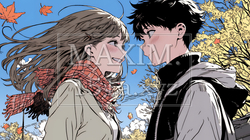 紅葉の下でいちゃついている若いカップル