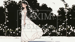 バラ園を散策している若い女性（シンプルな色使い）