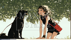 愛犬と散歩している若い女性（シンプルな色使い）｜