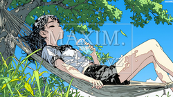 のんびり・ゆったり：夏の昼下がり木陰のハンモックで寛いでいる若い女性｜5210174-5850