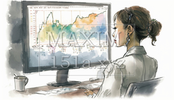 デスクに向かって取引画面を操作する女性トレーダーの横顔。 | 5202439-3845