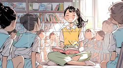 児童と若い女性の先生