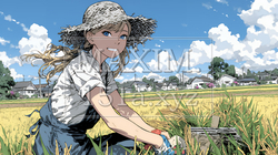 田んぼで農作業をしている女性 | 5204925-10564