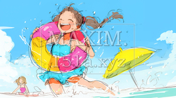 小学生の夏の思い出：海水浴（クレヨン＋水彩画風）