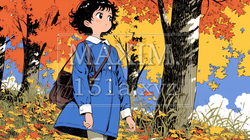 紅葉の小径を歩く少女
