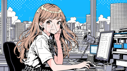 夏の空が窓から見えるオフィスでPCで作業中の若い女性
