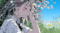 満開の桜の下、春風に乱れた髪を整える若い女性 | 5218221-15100