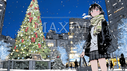 クリスマスイルミネーションが美しい街を散策する若い女性 | 5222764-6593
