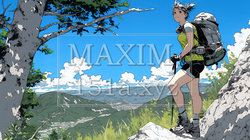 ソロハイキング（ソロ登山）を楽しんでいる若い女性｜525543-15775