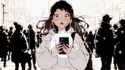 スマホの画面を見て驚いている若い女性（シンプルな色使い） | 5244109-11284