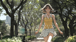 喜びにあふれ、軽やかにスキップする若い女性 | 5248684-17007