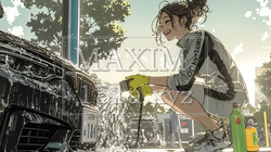 晴れた日に洗車をする若い女性｜青空と水しぶきの爽やかなライフスタイルシーン | 5248684-17731