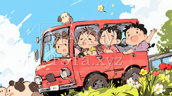 小学生の夏の思い出：ドライブ（クレヨン＋水彩画風）