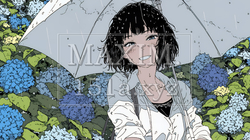 アジサイと梅雨の長雨と若い女性｜578450-9272