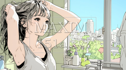 朝支度：洗面所で髪をまとめている若い女性 | 5266368-15530