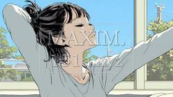 朝の目覚ましを止めて伸びをしている若い女性 | 5269232-15502